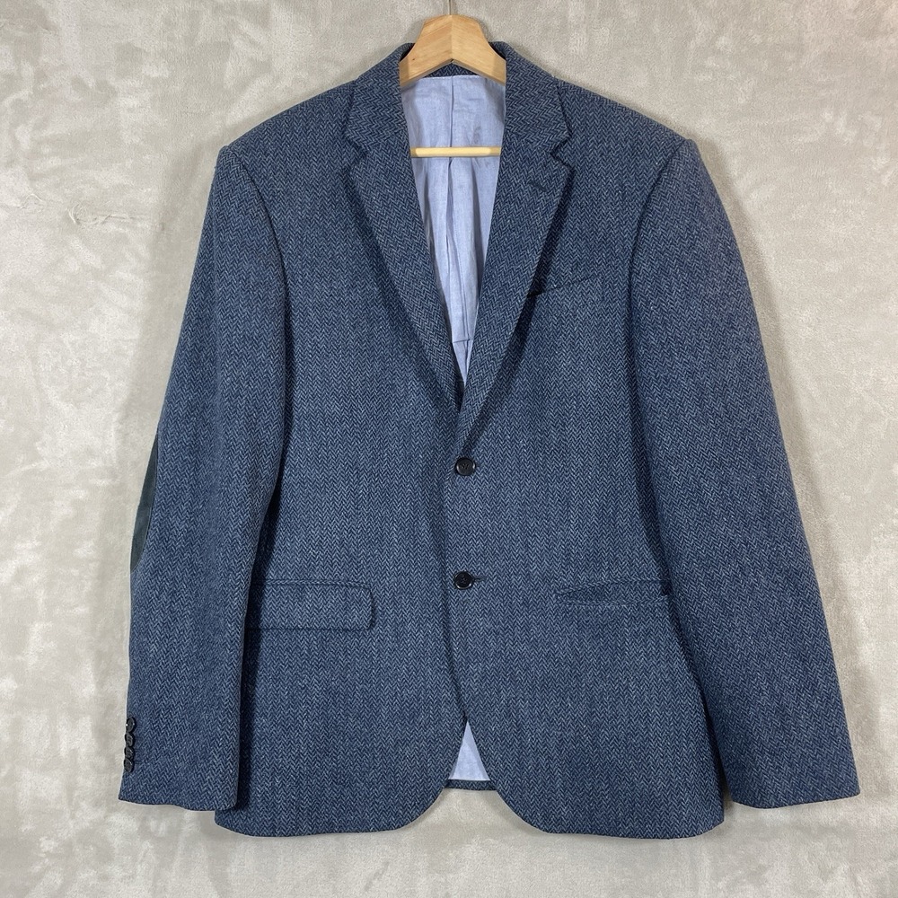 H&M Herringbone Tweed Blazer Jacket Mens 42R Shetland Wool Shoulder Patches